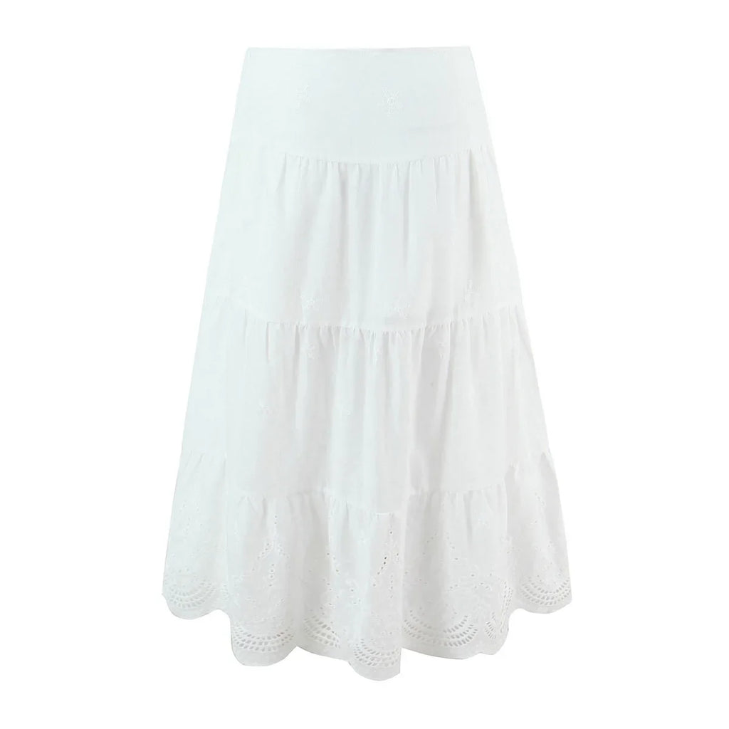 New Style Vacation Casual Long Skirt Half Transparent Lace Trimmed Mesh Splicing Hollow Embroidery Fairy Long Skirt Elegant TGER