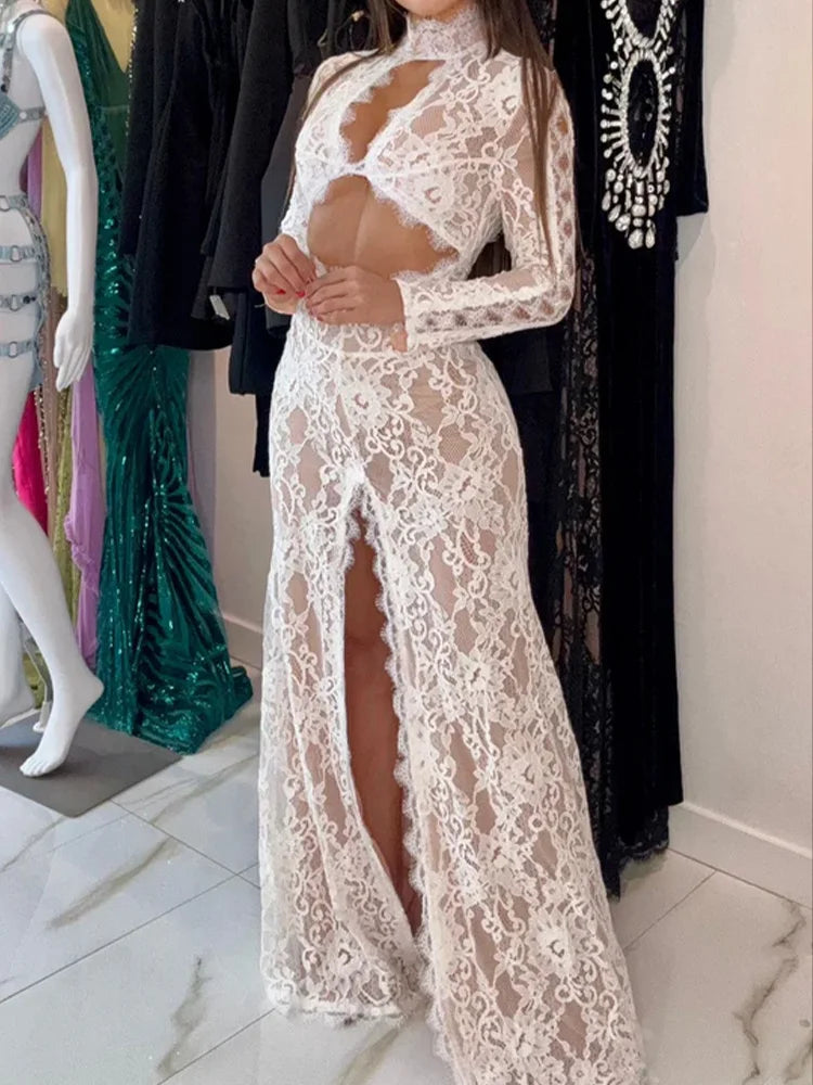Summer Maxi Dress Women Sexy Sheer Lace Hollow Out Long Sleeve Floral Split Slim Bodycon Solid Casual Beach Party Club Vestidos