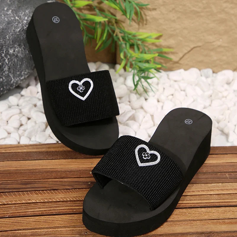 Shiny Heart Shape Rhinestone Black Slippers Women Fashion Elastic Band Platform Slides Female New Style Med Heel Slippers Female