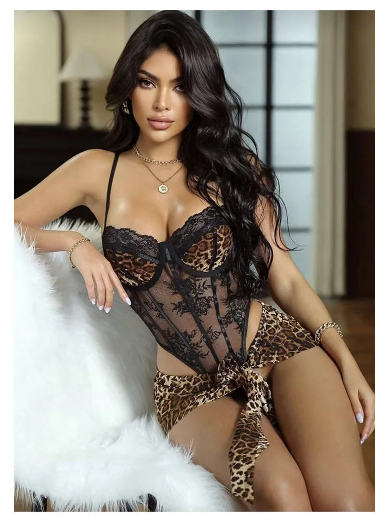 Leopard print sexy nightgown with underwire push-up jumpsuit and apron set | Free Pajamas w/ Purchase