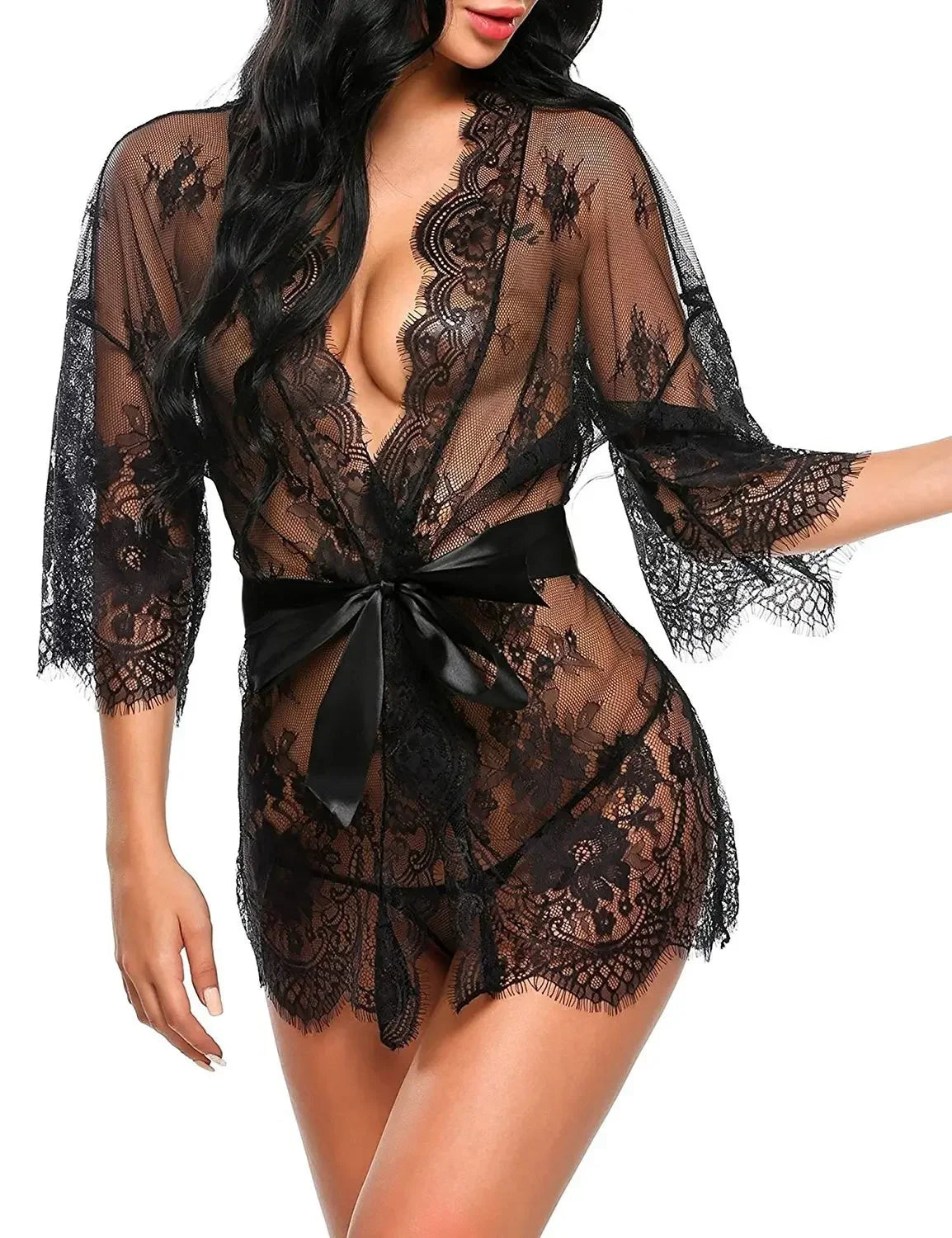 See Through Lace Babydoll Women Sexy Lingerie Erotic Transparent V-Neck Nightwear Robe G-string Robe Sleepwear Dress