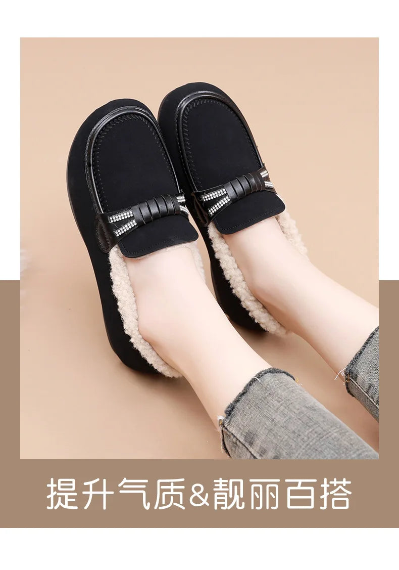 Retro Women's Slip on Flat Shoes White Women Soft Sole Non-slip Loafer Female Casual Plush Warm Cotton Shoes Zapatillas Mujer