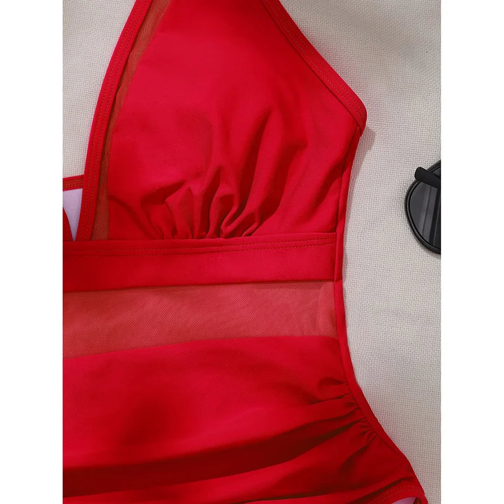S - XL New Sexy Mesh Sheer V Neck Women Swimwear One Piece Swimsuit Female High Leg Cut Monokini Bather Bathing Suit Swim V5136