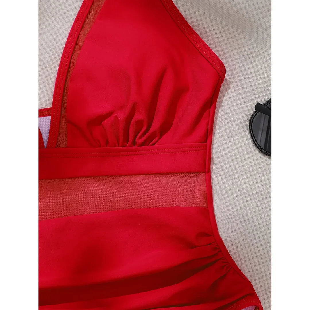 S - XL New Sexy Mesh Sheer V Neck Women Swimwear One Piece Swimsuit Female High Leg Cut Monokini Bather Bathing Suit Swim V5136
