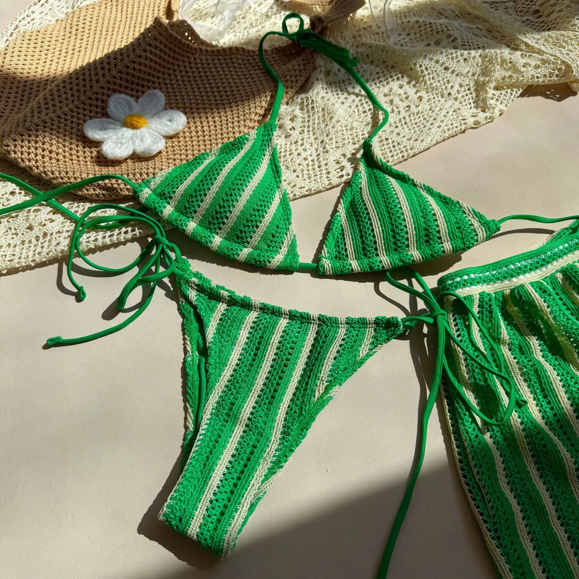 3PCS With Shorts Stripe Halter Fishnet Bikini Women Swimwear Female Swimsuit Three-pieces Bikini Set Bathing Suit Swim Beachwear