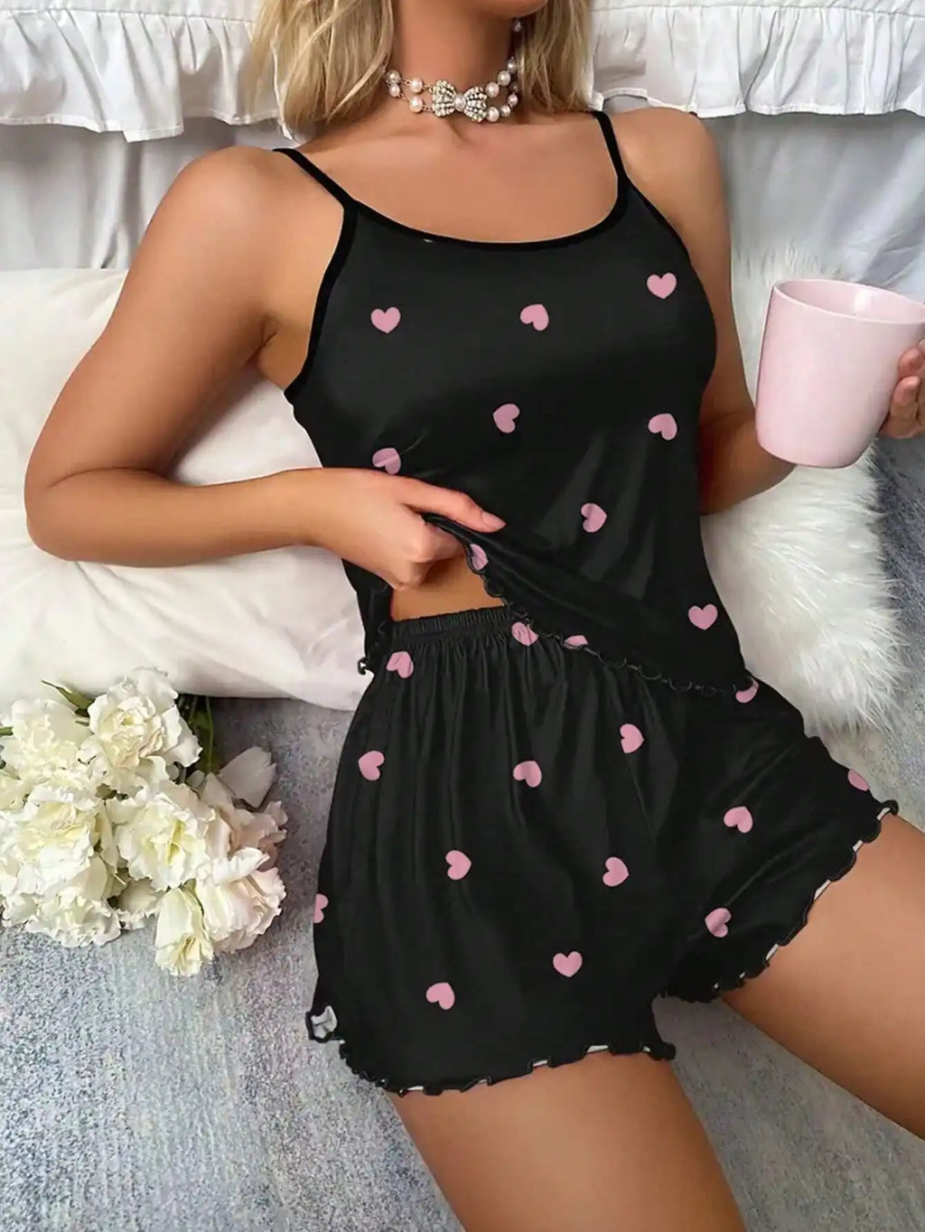 Heart Print Pajama Set Crew Neck Cami Top & Lettuce Trim Casual Round Sexy Women's Summer Sleepwear Soft Loungewear Nightwear