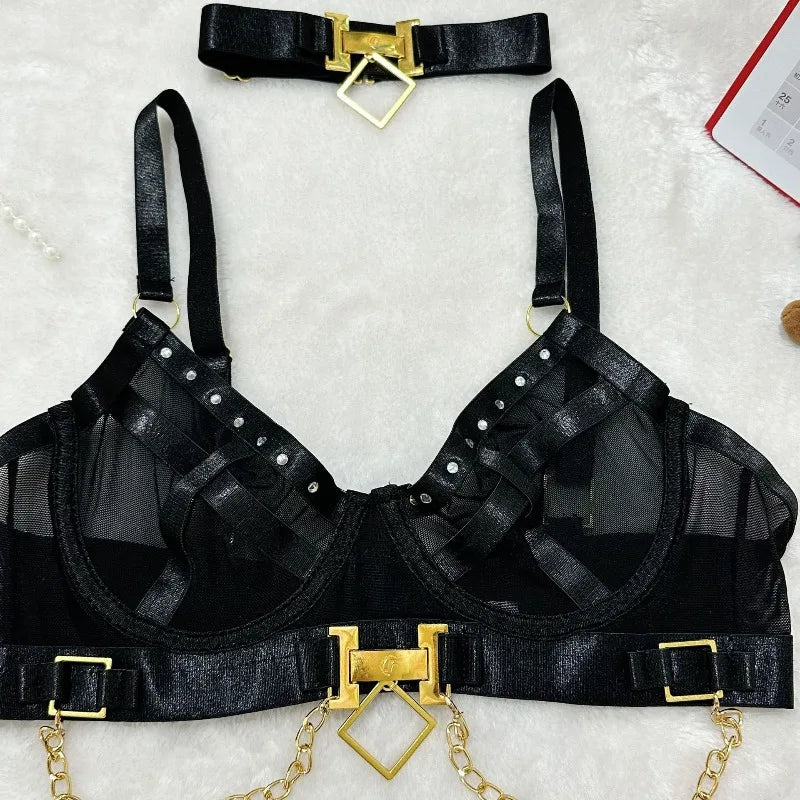 Toucheart Erotic Underwear Mesh See-through Patchwork Metal Chain Hot Girls Sexy Seductive Coquette Nightclub Party Dance Suit
