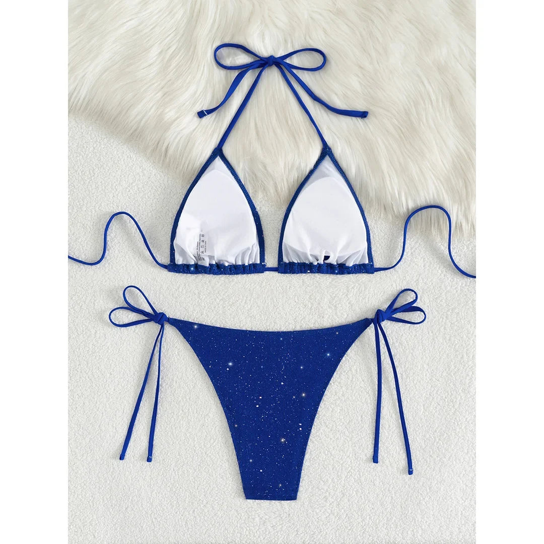 Glitter Sparkling Halter High Leg Cut Bikini Female Swimsuit Women Swimwear Two-pieces Bikini set Bather Bathing Suit Swim V5501
