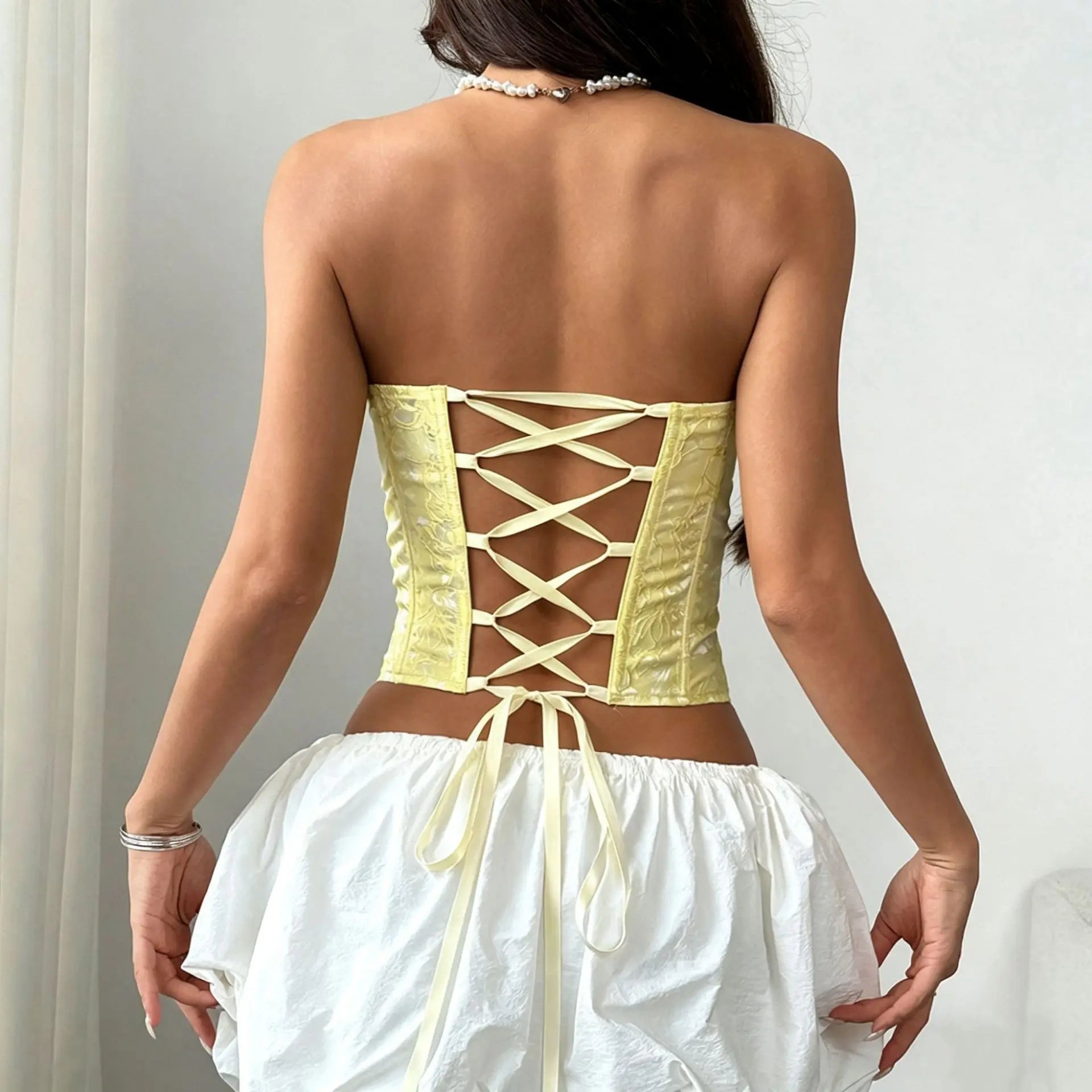 Sexy Yellow Woven Rose Jacquard Tank Top Women Strapless Steel Ring Slim Fit Fishbone Vest Summer Back Criss Cross Party Corset
