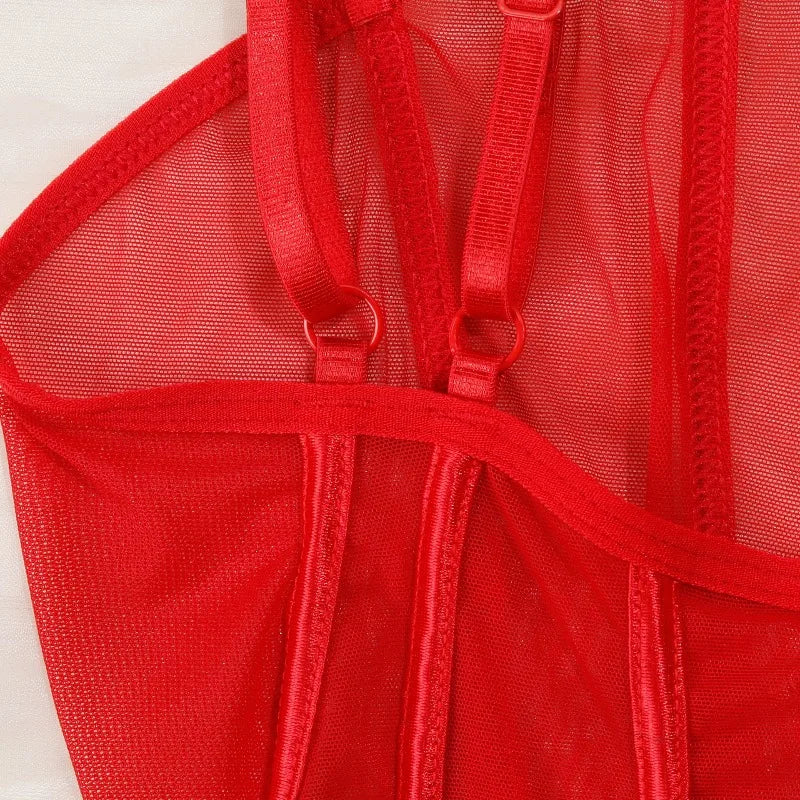 Toucheart Erotic Bodysuit Net Clothes Halter Lace See-through Skinny Backless Sissy Premium HotSeductive Women Coquette Bodysuit