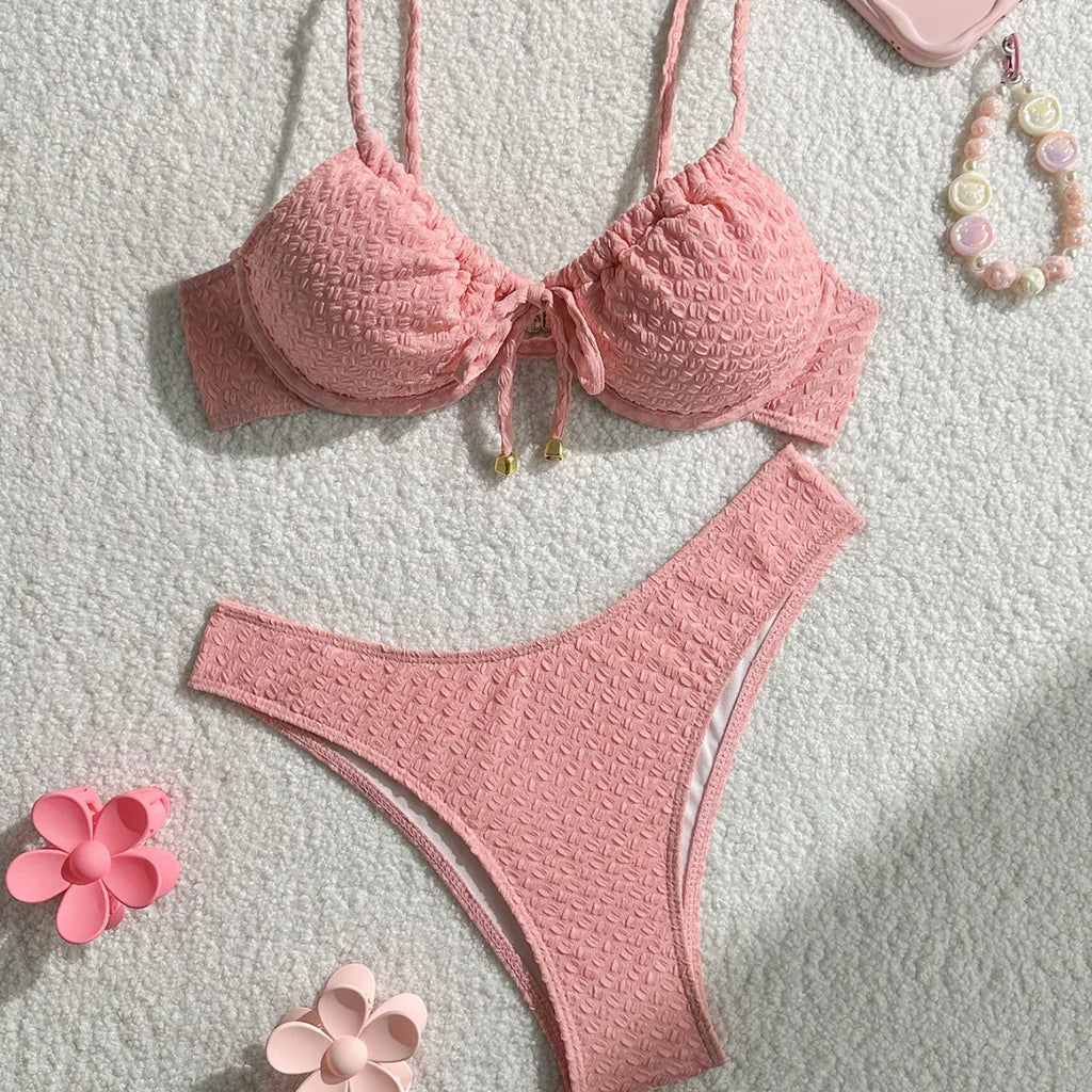 Sexy Pink Bikini Set 2026 Women Front Tie Push Up Underwire Bra Thong Swimsuit Summer Bathing Suit Holiday Two Piece Swimwear