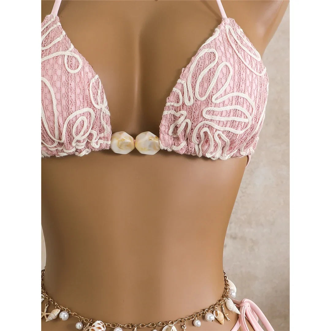 With Sarong Halter Printed Bikini Women Swimwear Female Swimsuit Padded Bather Bathing Suit Swim Three-pieces Bikini set K8073
