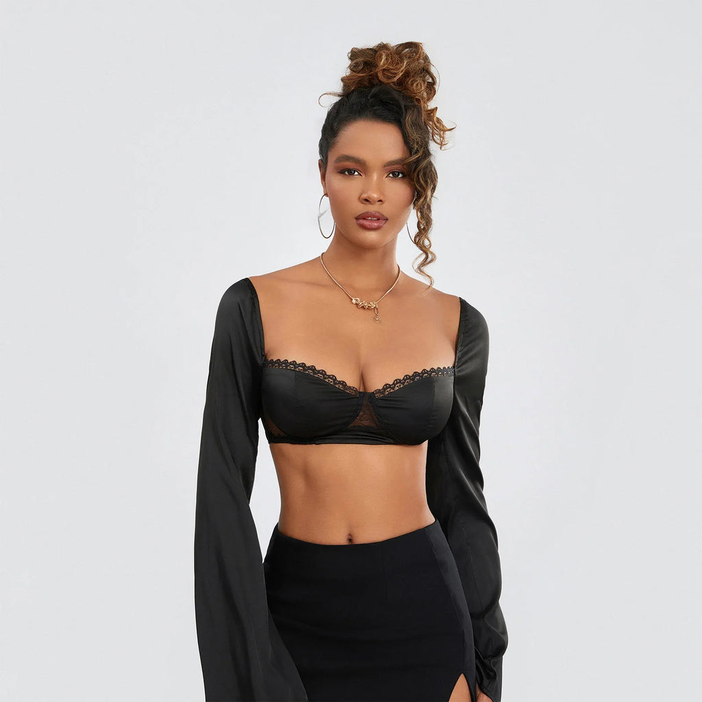 Women Long Sleeve Crop Tops Mesh Lace Trim Sweetheart Neckline Tie-Up Backless T-Shirts Spring Fall Slim Fit Shirts Streetwear
