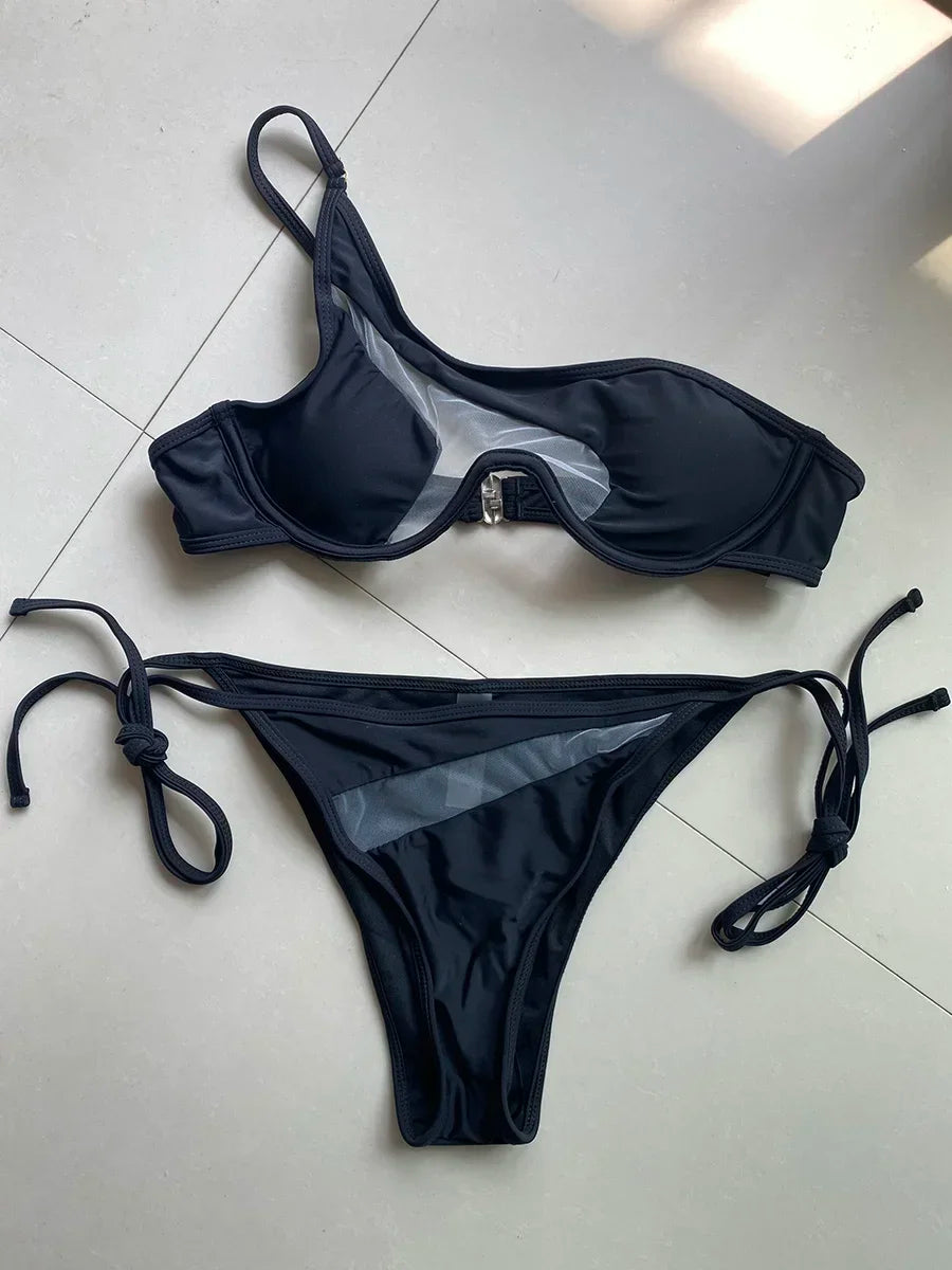 One Shoulder Mesh Bikinis Underwired V-Bar Bikini Women Swimwear Female Swimsuit Two-pieces Bikini Set Push Up Bathing Suit Swim