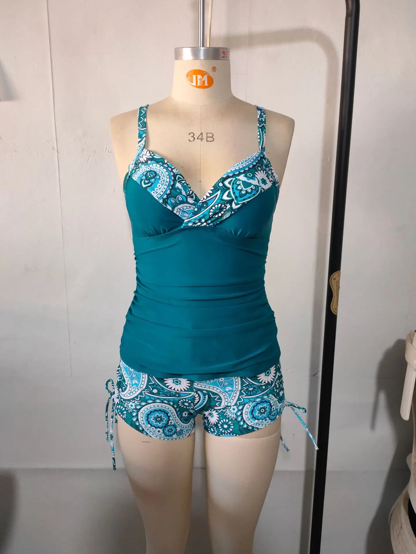Vintage Blue Floral Print Tankini Set 2026 Swimwear Women V Neck Tank Top Drawstring Side High Waist Shorts Two Piece Swimsuit