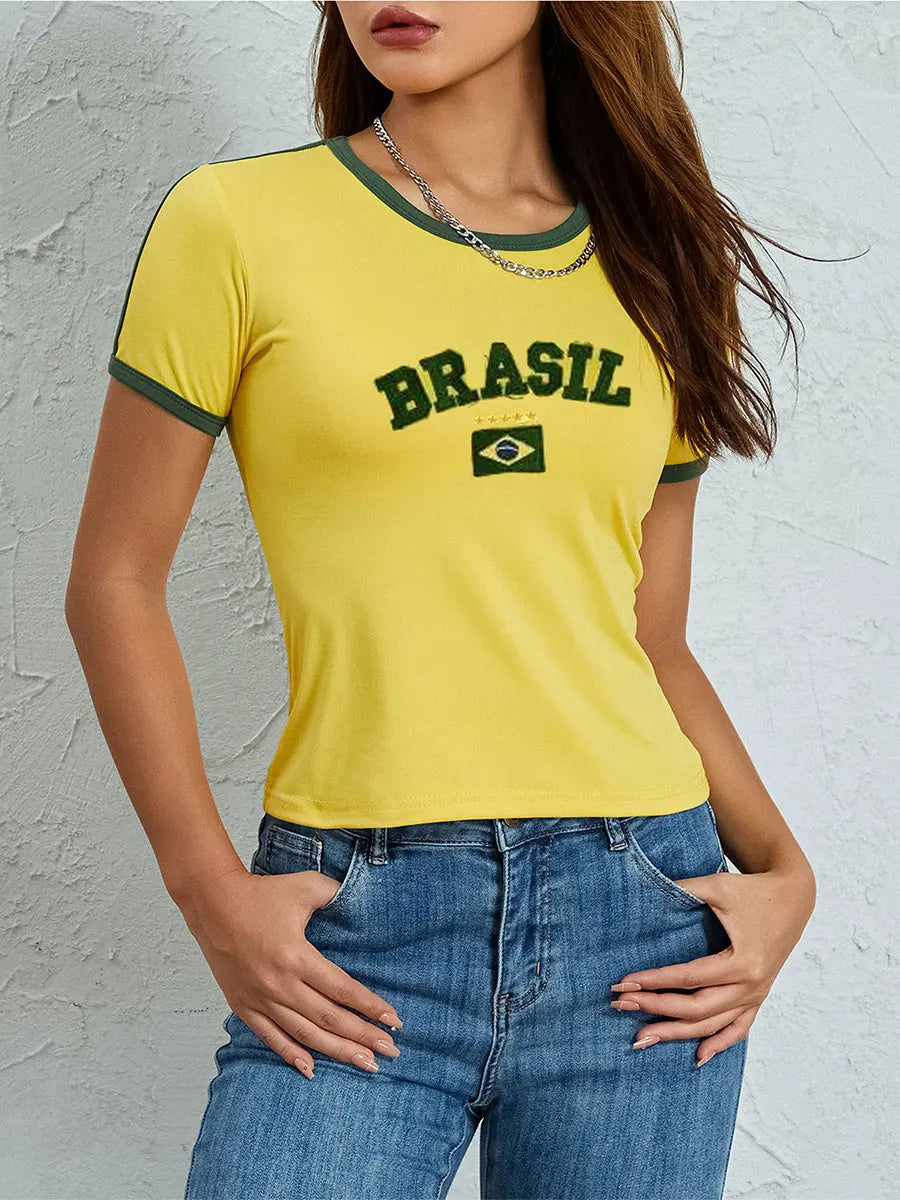 Summer Women's Casual T-shirt Short Sleeve Round Neck Slim Fit Cropped Tee Tops Shirts Streetwear