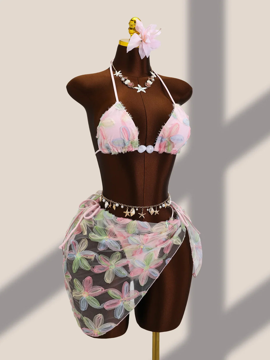 Sexy Pink Floral Embroidery Bikini Set 2026 Women Push Up Bra Triangle Swimsuit Holiday Bathing Suit Cover Up 3 Piece Swimwear
