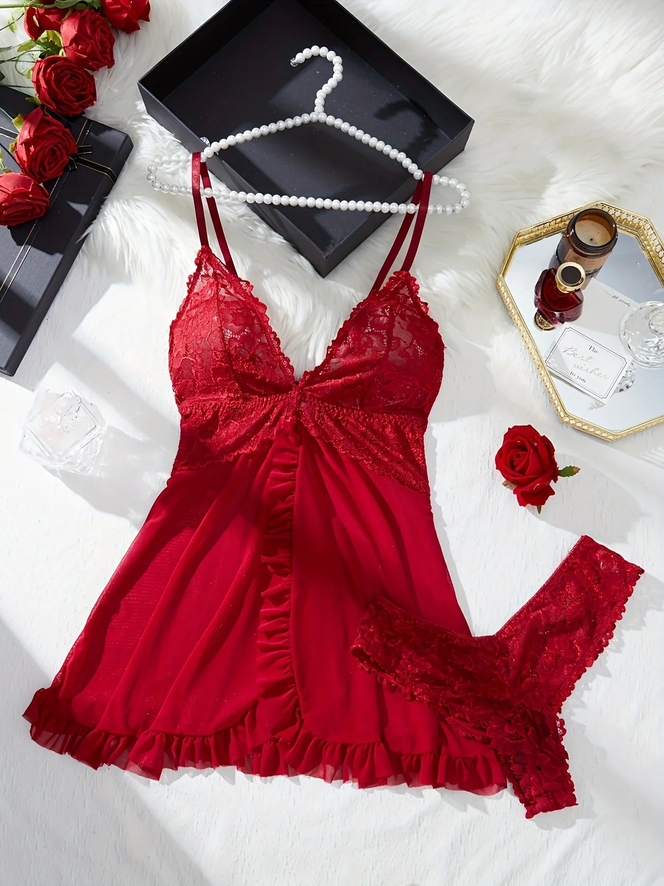 Summer Nightdress Women's Sexy Transparent Red Lace See Through Underwear Sleepwear Sleep Dress and Panty Sets Nighty