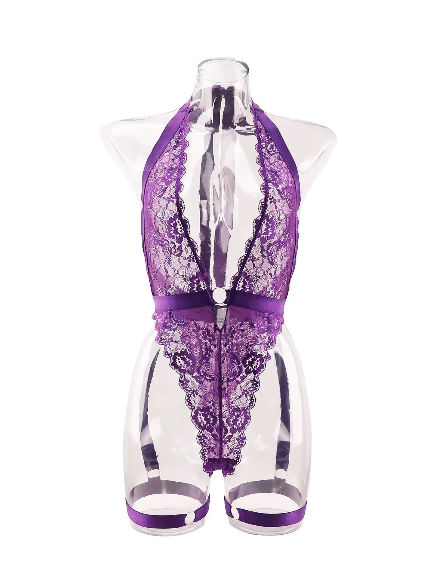 New Purple Sexy Lace Bodysuits Deep V Neck Halter Mesh Solid Color Bodysuits Charming  Pure Desire Transparent Flower Print OOB5