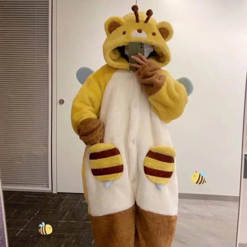 Cartoon Honeybee Pajamas Robes Slipper Kigurumi Unicron Anime Flannel Nightgown Winter Nightdress Party Cosplay Costume Slipper