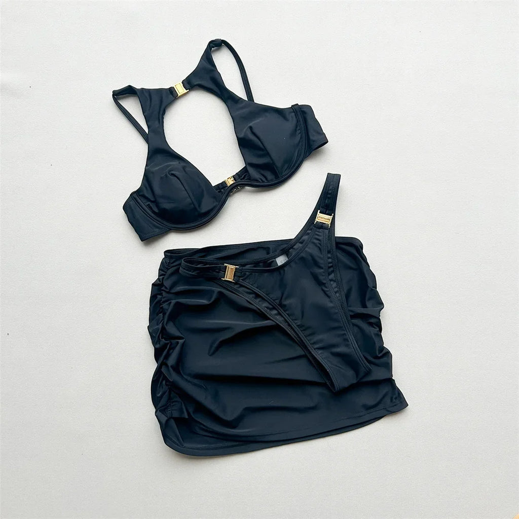 3PCS With Skirt Underwired Cut Out Bikini Women Swimwear Female Swimsuit Three-pieces Bikini Set Bather Bathing Suit Swim V7733