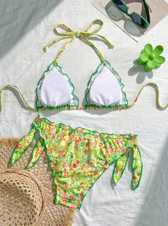 Women Cute Bikini Set 2025 New Summer Orange Floral Print Halter Ruffles Push Up Tie Side Thong Swimsuit Bathing Suit