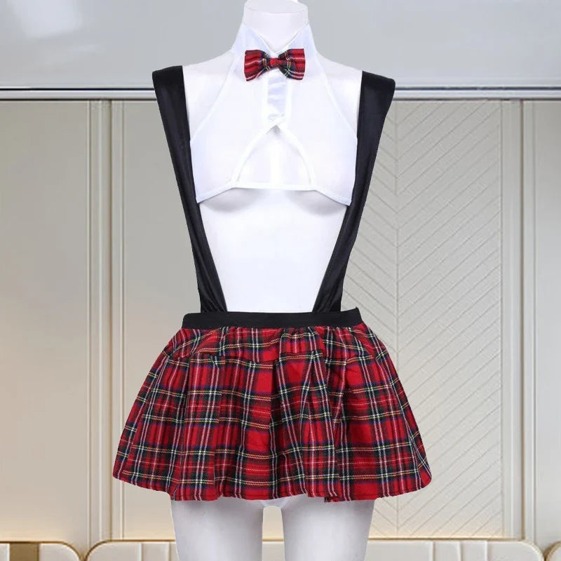 Toucheart Sexy Uniform Temptation Jumpsuit For Women Cosplay Mesh Plaid Perspective JK Sex Suit Mesh Patchwork Uniform Set New