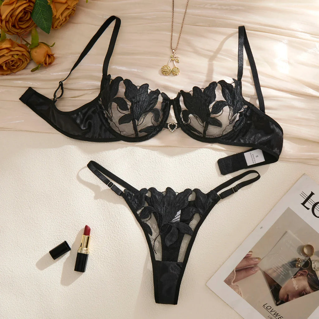 Black French-style Floral Embroidery Lace Lingerie, Sexy and Soft Steel-bra-cupped Supportive Bra,Valentine's Day Party ZA82403