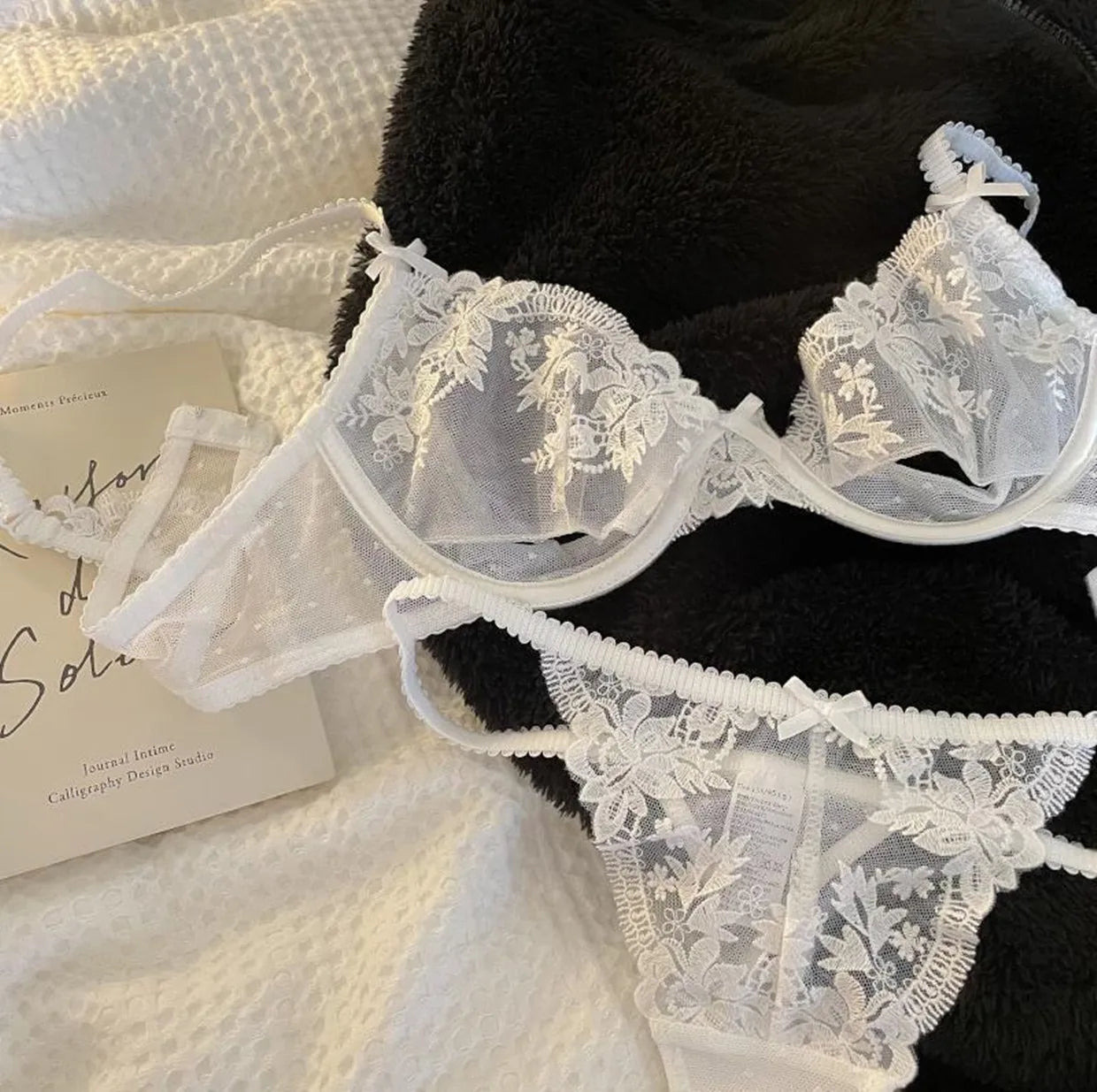 MOYISU Parisian Sheer Bralette Set - Ultra-Thin Wire-Free Bra No Padding Anti-Sag Lace Cutout Lingerie Sexy Vacation-Ready Tushy