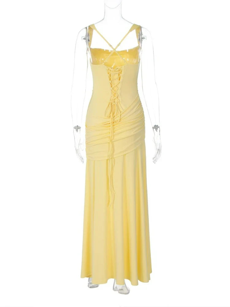 FDYOUI New Fashion Sleeveless Bandage Long Evening Dresses for Women 2026 Spaghetti Strap Lace-up Tunics Folds Party Prom Dress