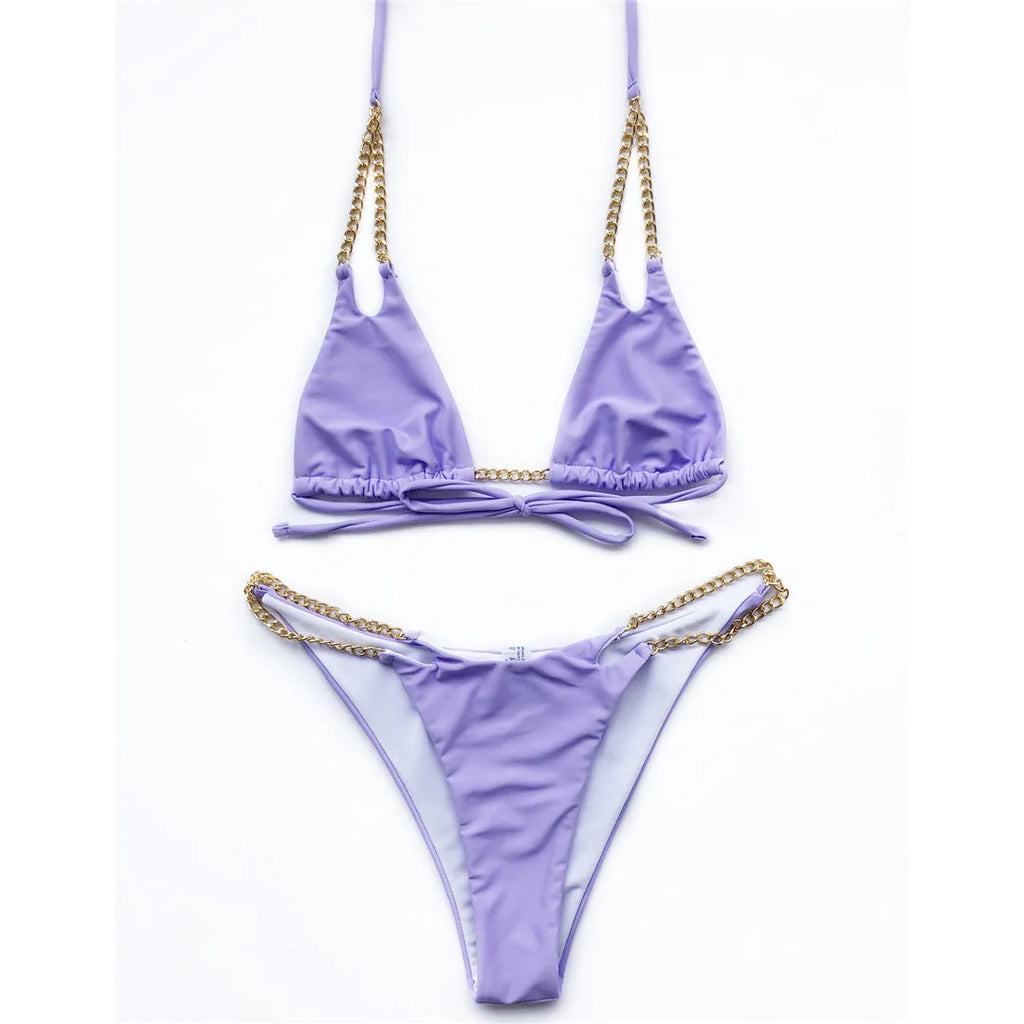 7 Colors Sexy Halter Bikini Female Swimsuit Women Swimwear Two-Pieces Bikini Set Metal Chain Bather Bathing Suit Swim Lady V2362