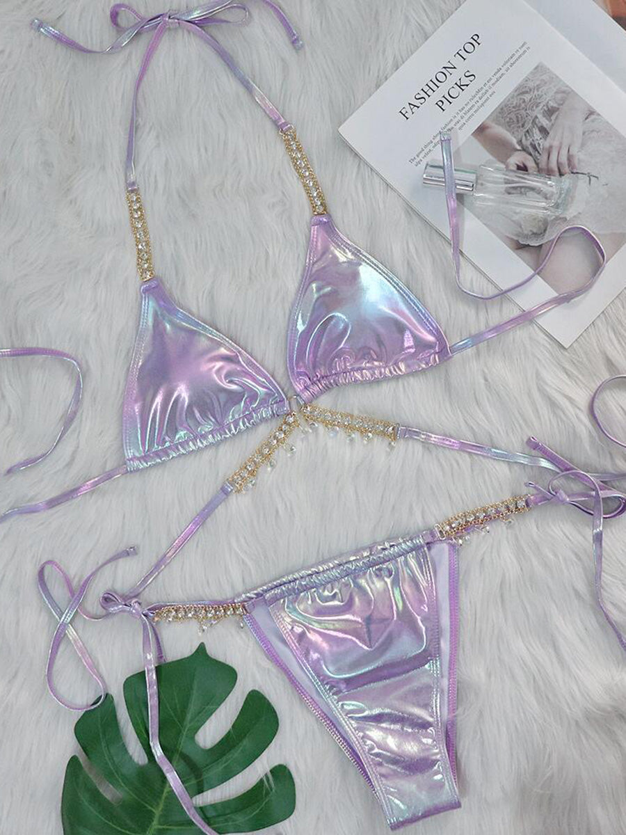 Wrap Around Halter Metal Chains Bikinis 2025 Diamond Bikini Women Swimsuit Female Swimwear Two Pieces Bikini set Bathing Suit