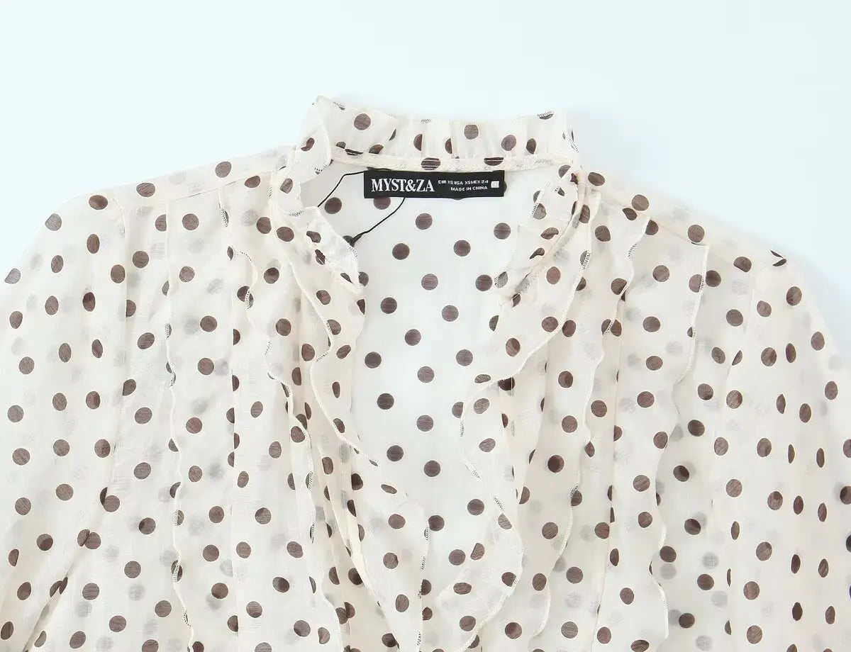 2026 Spring New Women Elegant Loose V Neck Wave Trim Polka Dot Blouse Thin Long Sleeve Top