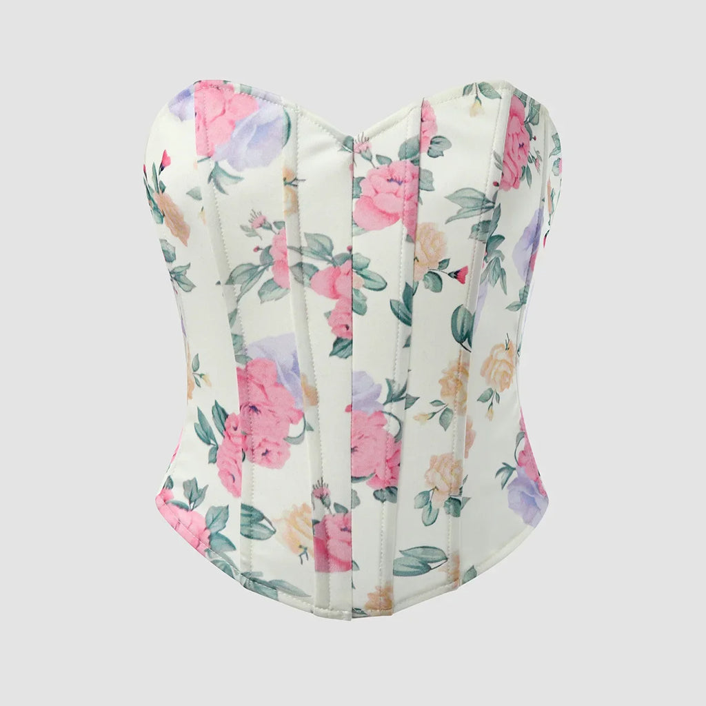 Summer Women Floral Y2K Crop Tops Printed Sleeveless Fishbone Corset Woman Sexy Backless Slim Strapless Streetwear Camisole