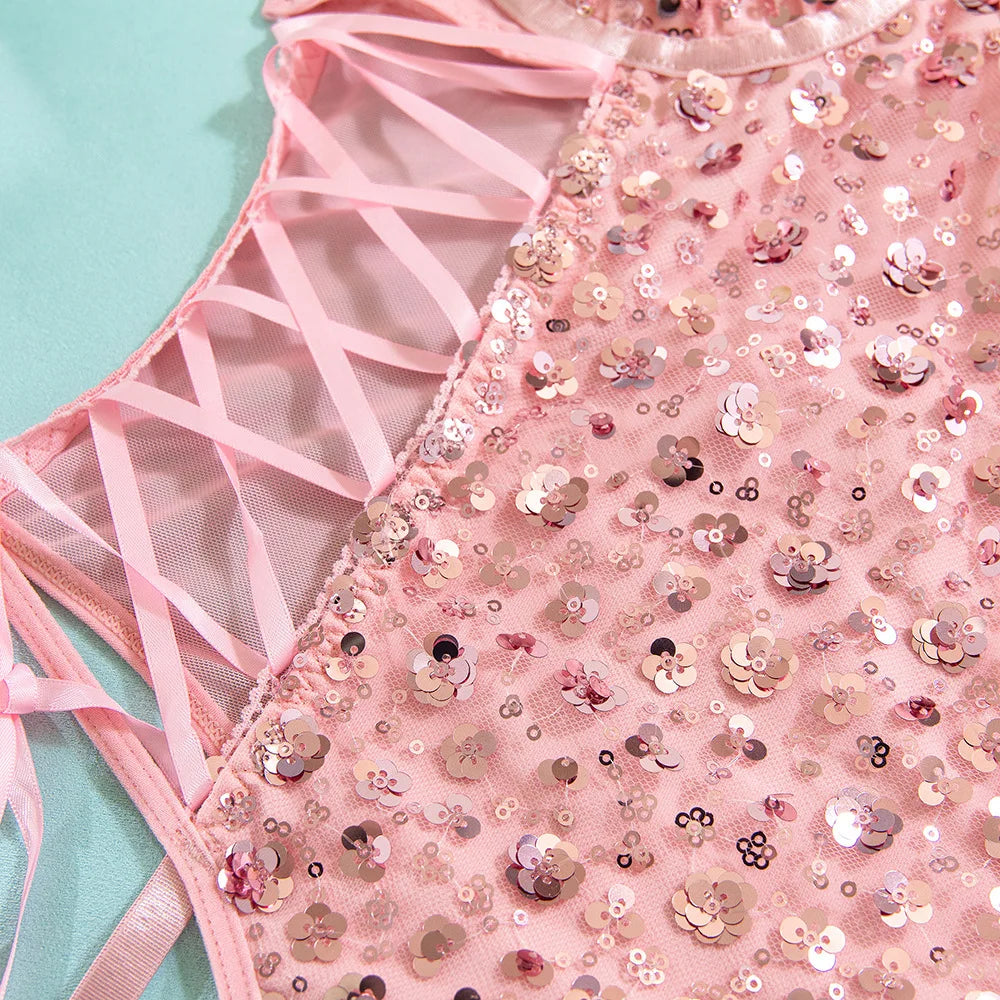 New Pink Sequin Hollow Out Bodysuits Elegant Backless Deep V Suspenders Sleeveless Bodysuits For Women Transparent Charming ZHAN