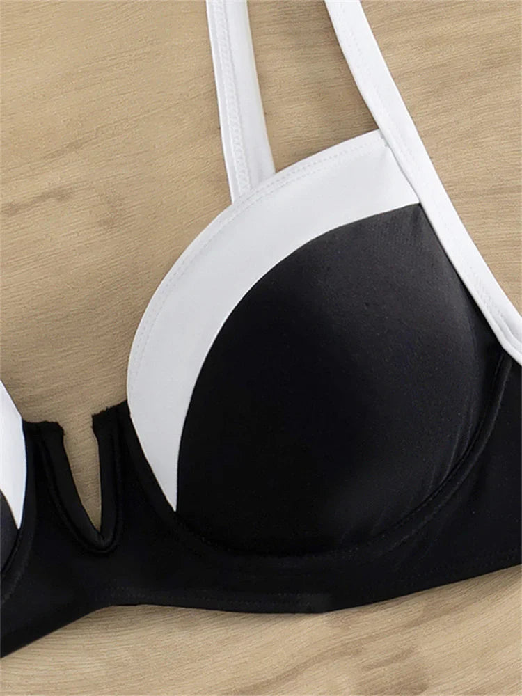 Sexy Black White Patchwork Bikini 2024 Women Halter V Underwire Push Up Micro Swimsuit Beach Bathing Suit High Waist Swimwear