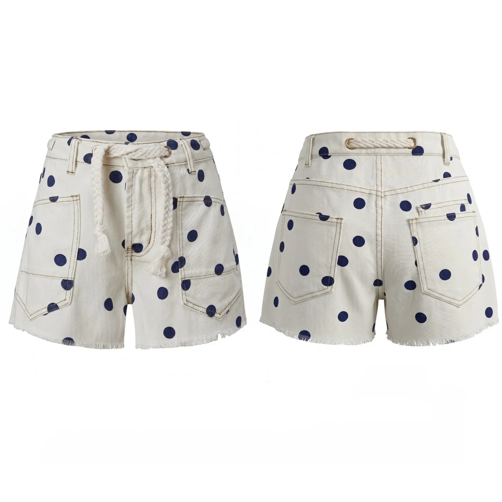 Women's Summer Denim Shorts with Pockets Casual Stylish Dot Print Mid Rise Tie-up Belted Wide Leg Jean Shorts