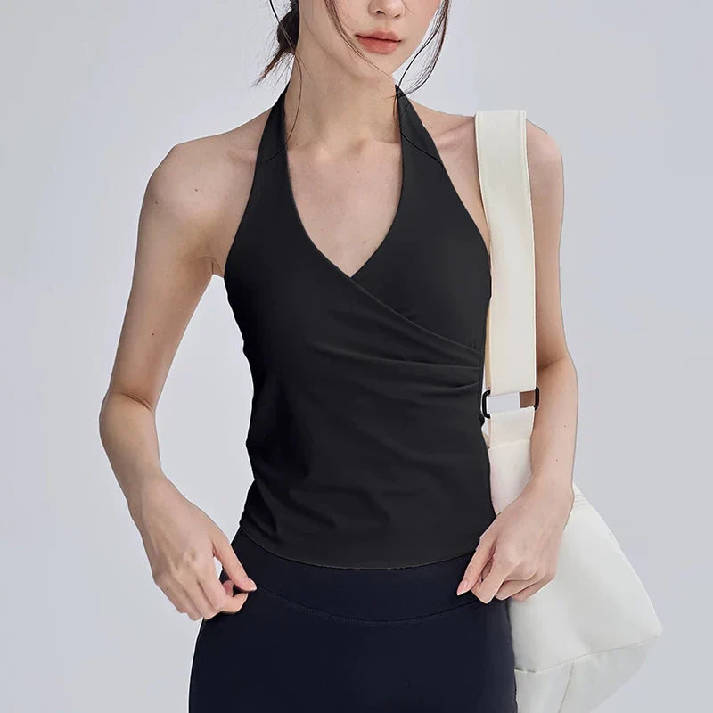 Sexy V-neck Cross Halter Neck Yoga Vest Sleeveless Sports Bra with Chest Pad Naked Sense Fitness Top with Beauty Back Design for