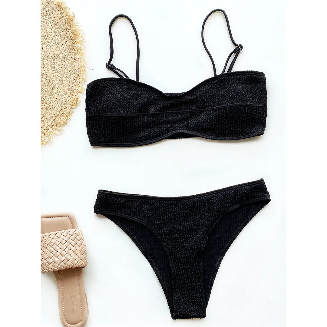 New Sexy Wrinkled Mid Waist Padded  Bikini Women Swimwear Female Swimsuit Two-Pieces Bikini Set Bather Bathing Suit Swim V3163