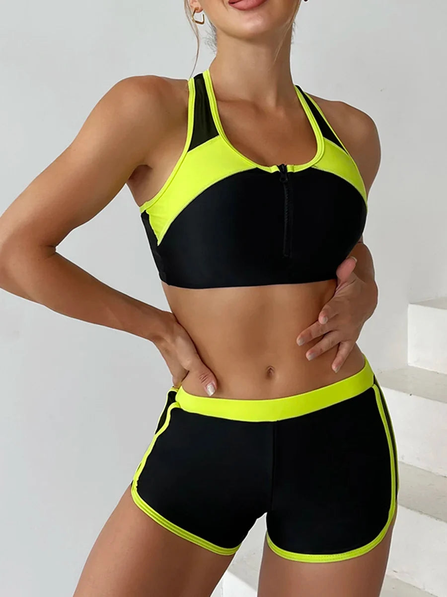 2026 Zipper Bikini Set Two Piece Swimsuit Women With Shorts Sports Swimwear Female Bathing Swimming Suit Beach Wear Summer