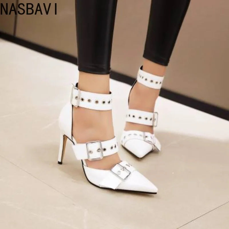 NASBAVI Black Punk Gothic High Heels Sexy Plus Size Pointed Toe Fashion Buckle Rivet Women Pumps Wedding Shoes Stiletto Heels
