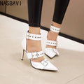 NASBAVI Black Punk Gothic High Heels Sexy Plus Size Pointed Toe Fashion Buckle Rivet Women Pumps Wedding Shoes Stiletto Heels