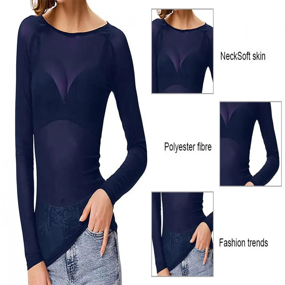 Women Mesh Bottoming Shirt See through O Neck Long Sleeve Lady Blouse Slim Fit Sexy Clear Sun Gauze Tops