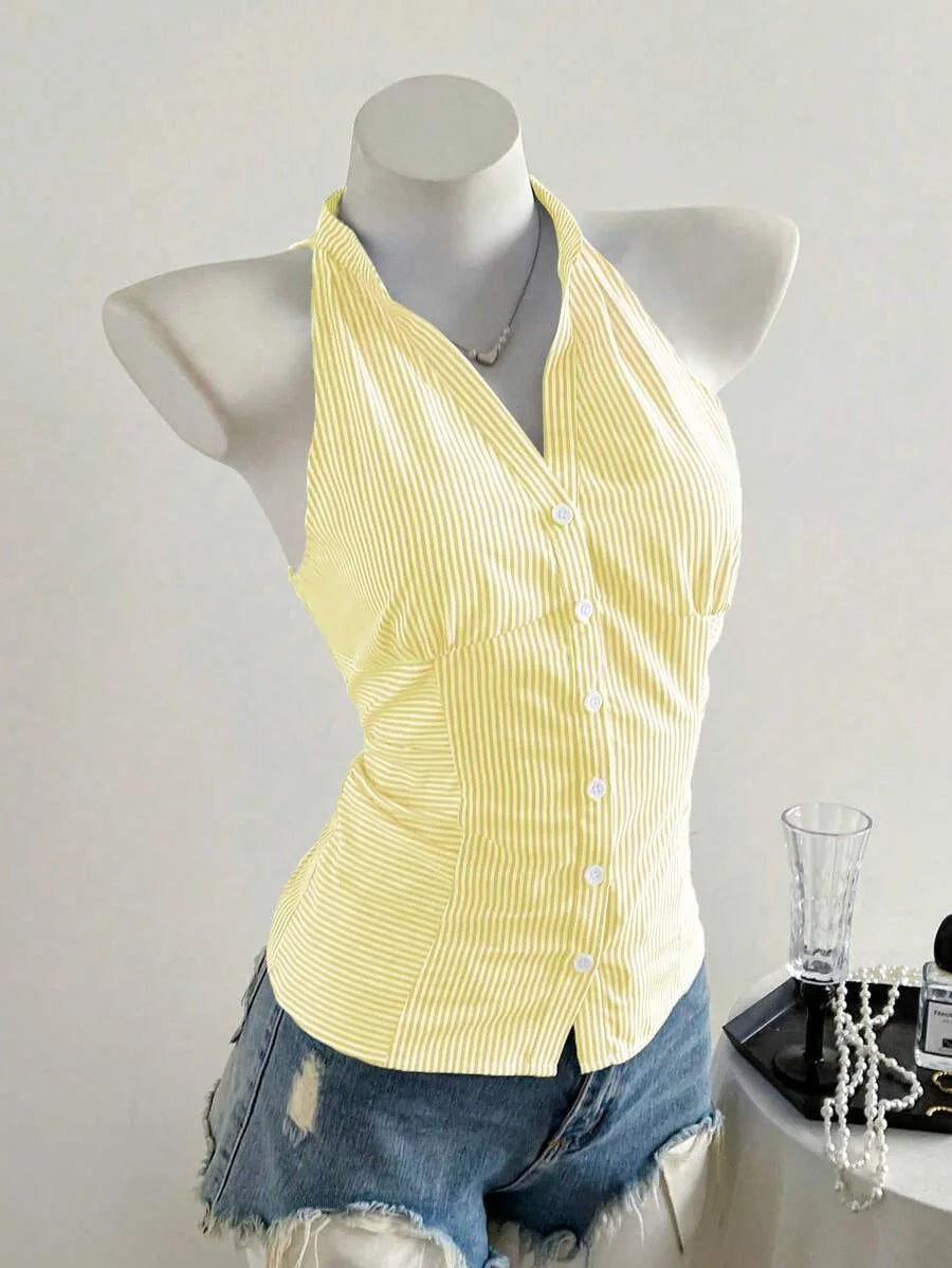 Summer Casual Shirt Women's Blue Striped Halter Top V Neck Button Down Sleeveless Slim Fit Blouse 2026 Y2K Style Streetwear