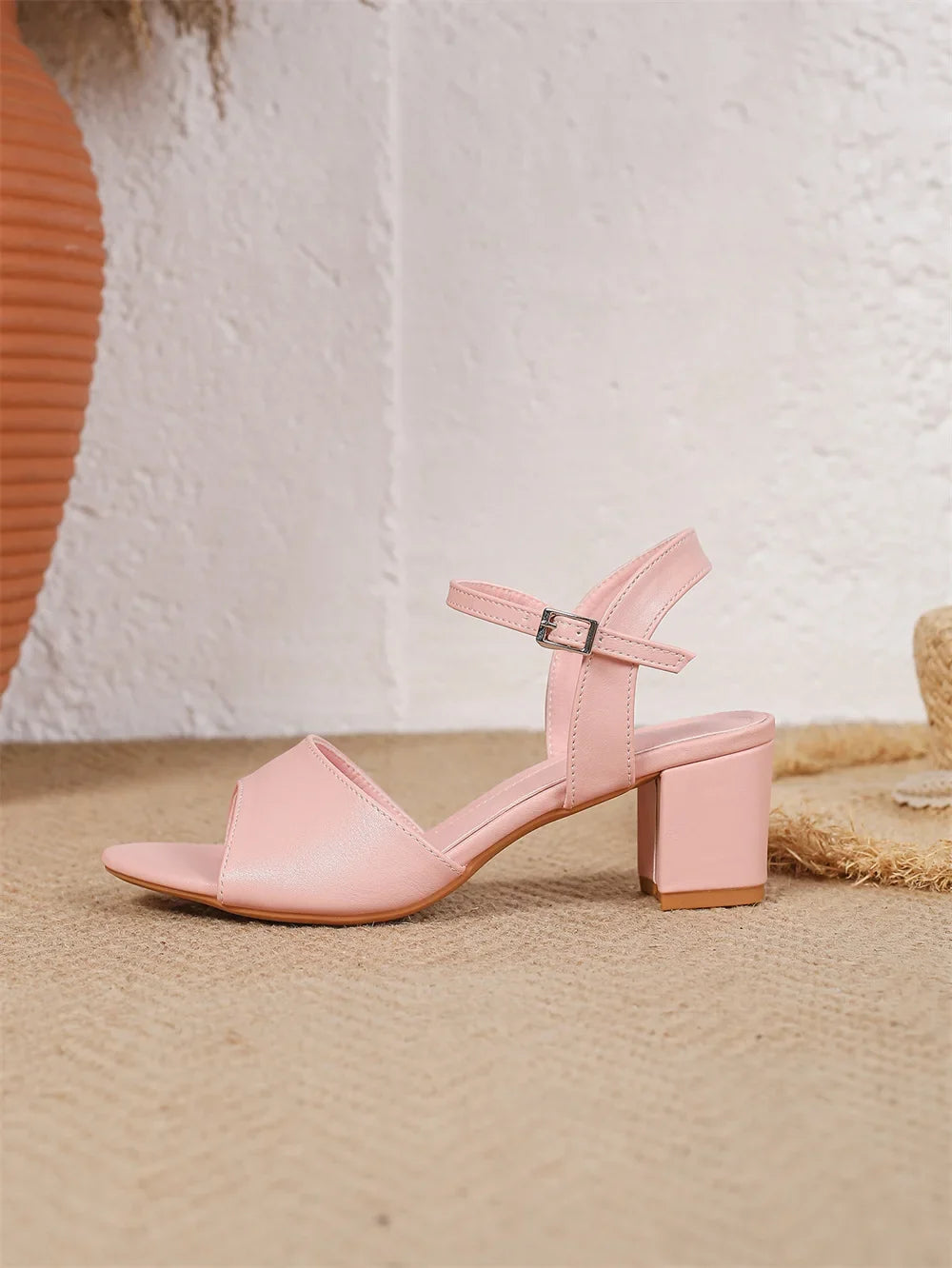 Size 42 Summer Classic Black White Ankle Strap Sandals for Women Elegant Blue Pink Square Heels Office Lady Shoes