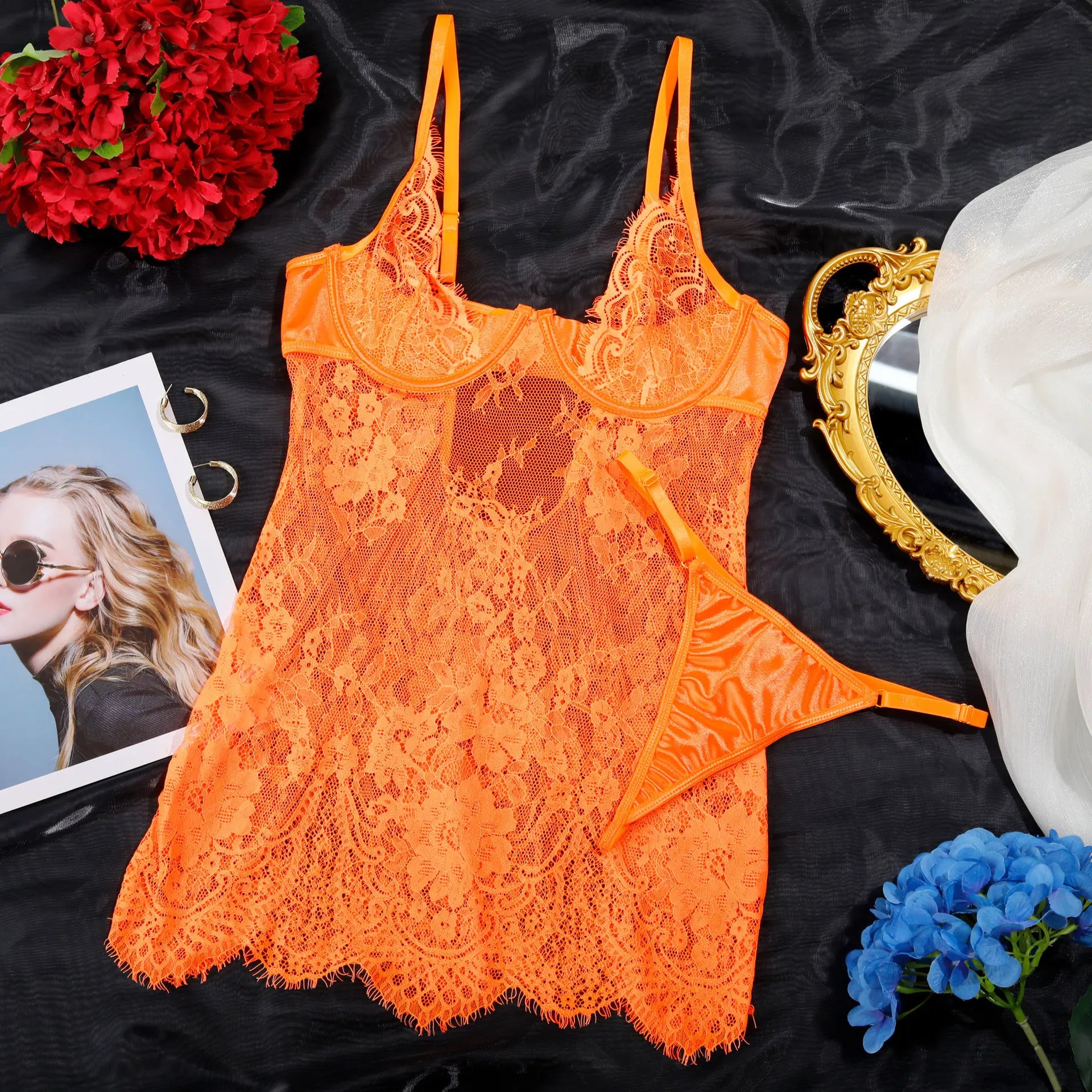 Toucheart Sexy Lingerie Lace Patchwork Mesh See-through Jumpsuit Sexy Suspender Push-up Body Shaping Separates Nightgown Suit