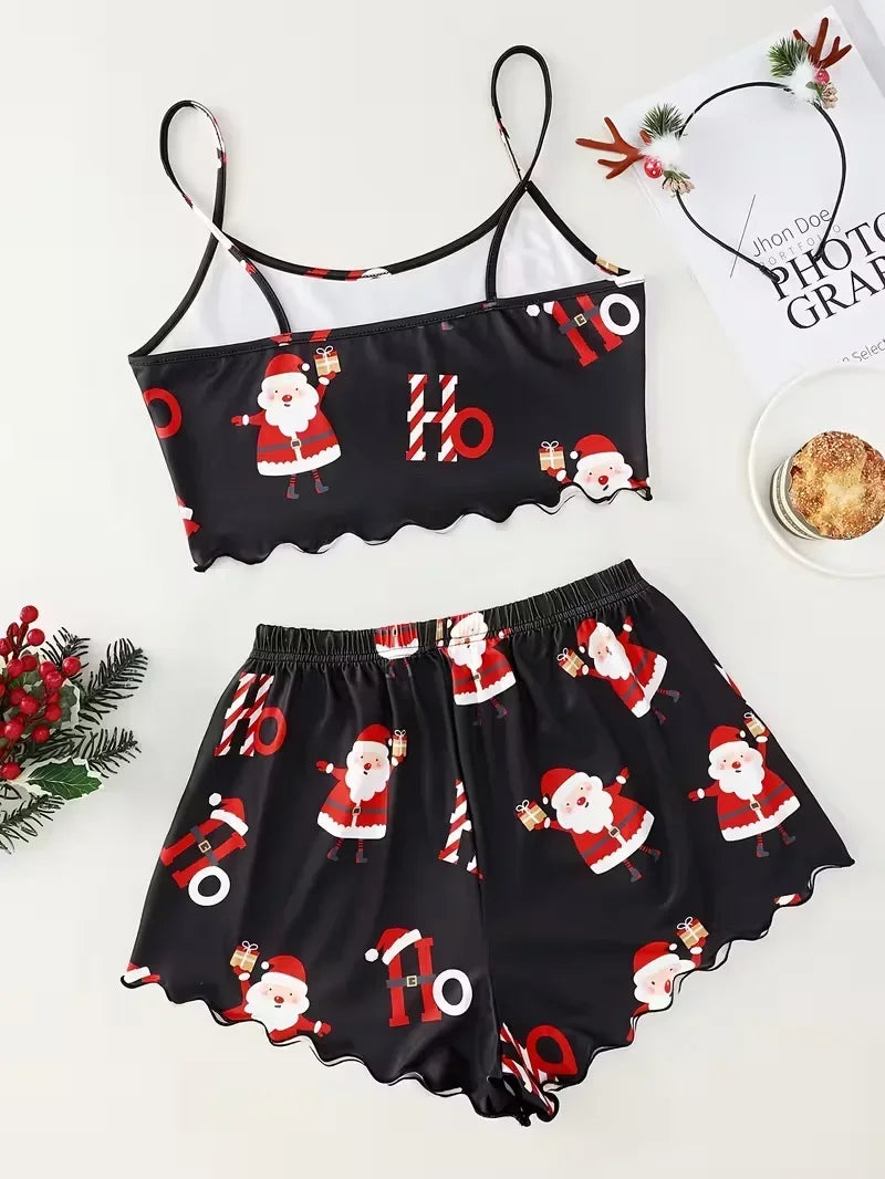 Soft Festival Christmas Cute Gingerbread Print Pajama Set Women's Sleepwear 2 Pieces Crop Tops and Shorts Loungewear