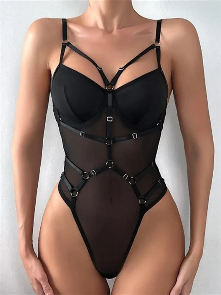 Womens Sleeveless Bodysuits Solid Color PU Leather Bandage Leotard Body Top See Through Mesh Tops
