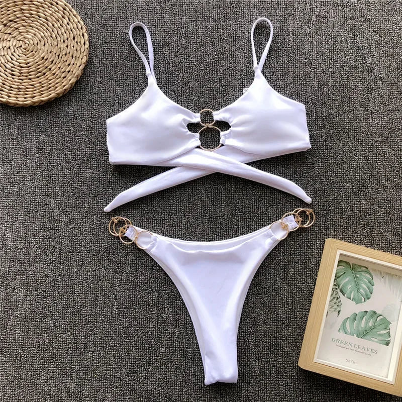 Metal Rings Bikinis Hollow Out Bikini Women Swimsuit Female Brazilian Swimwear Two Pieces Bikini Set High Cut Bathing Suit Swim
