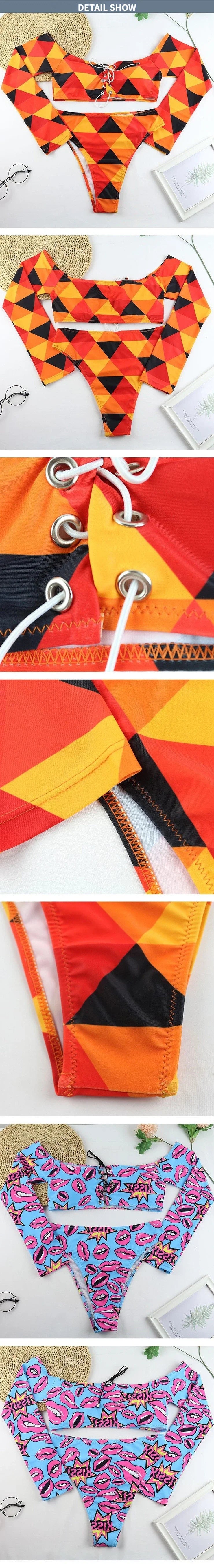 2026 Sexy Two Piece Swimsuit Swimwear Women Long Sleeve Lips Plaid Print High Waist Bathing Suit Beachwear Bikini Bandeau Female